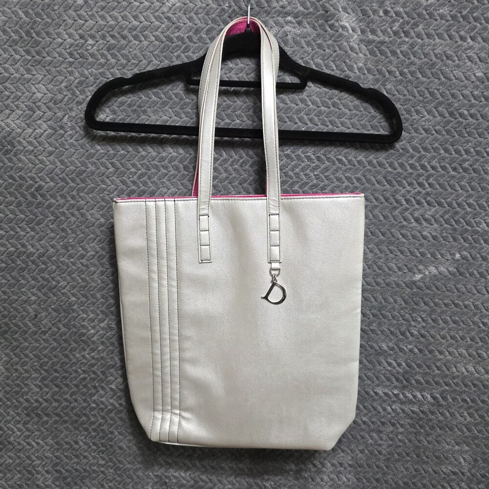 Dillard’s Metallic Silver Tote Bag Pink Lining Shoulder Shopper Purse
